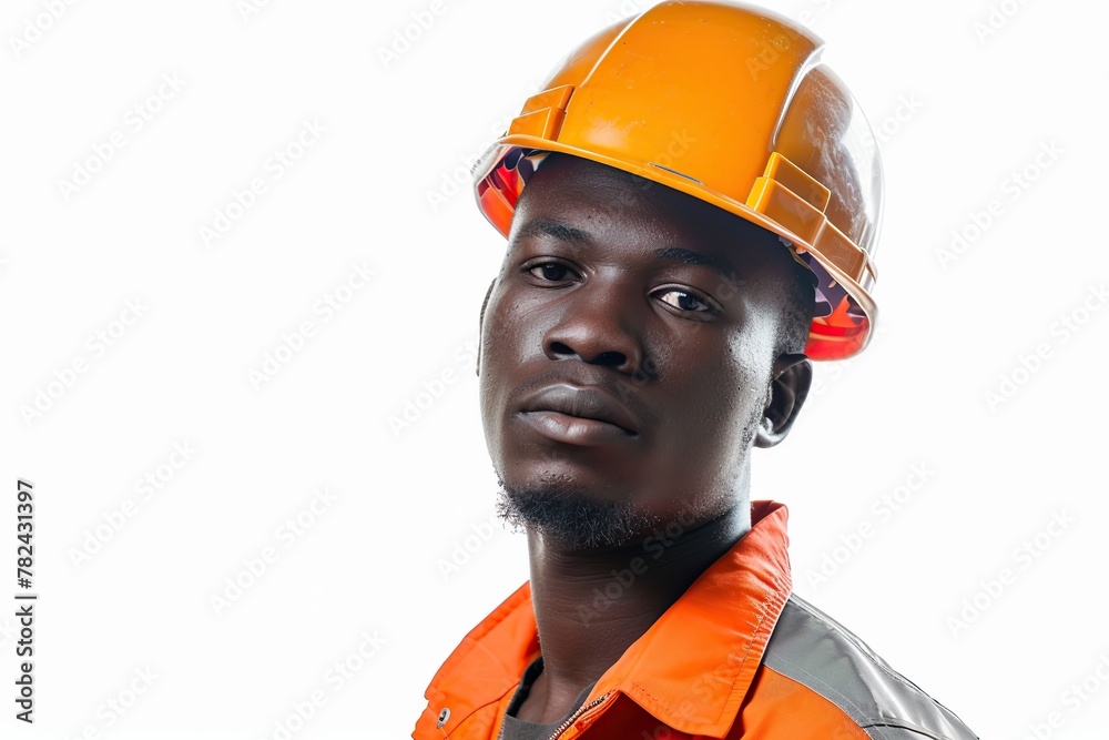 Portrait of young african worker in helmet and safety vest on white background Portrait of young african worker in helmet and safety vest on white background