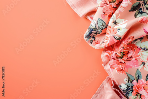coral floral fabric elegantly arranged on a bright orange backdrop with copy space  photo