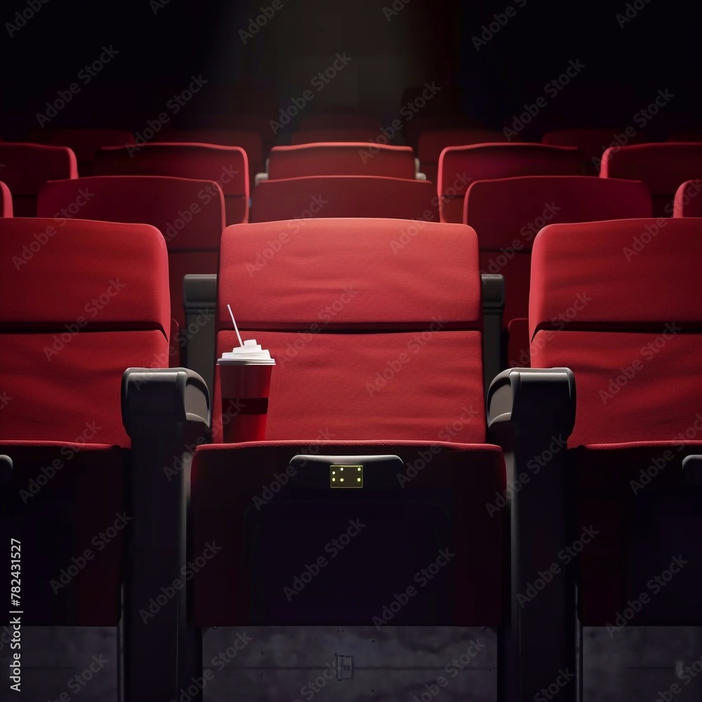 Obraz premium Interior of an empty movie theater with rows of red seats with cup holders and popcorn. Entertainment concept. 3d rendering of a rendered image