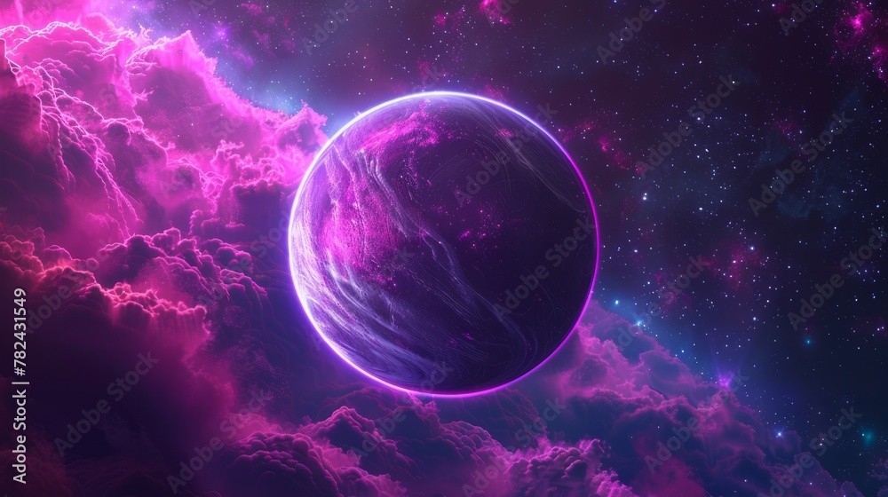 Fototapeta premium Unknown planet, space background, neon effect.