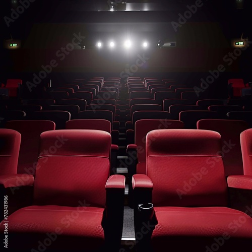 Interior of an empty movie theater with rows of red seats. Entertainment concept. 3d rendering of a rendered image