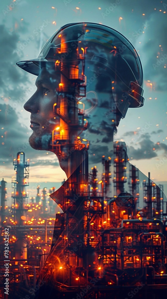 engineer wearing safety helmet  and gas refinery industry factory at twilight time as Energy technology and development concept