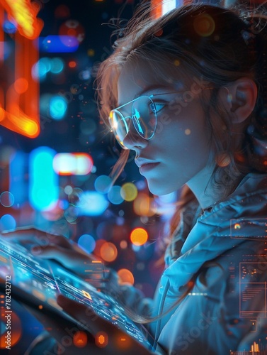 Girl using digital tablet on blue background with rocket launch and different icons, social media and network connection. Concept of future opportunities and education