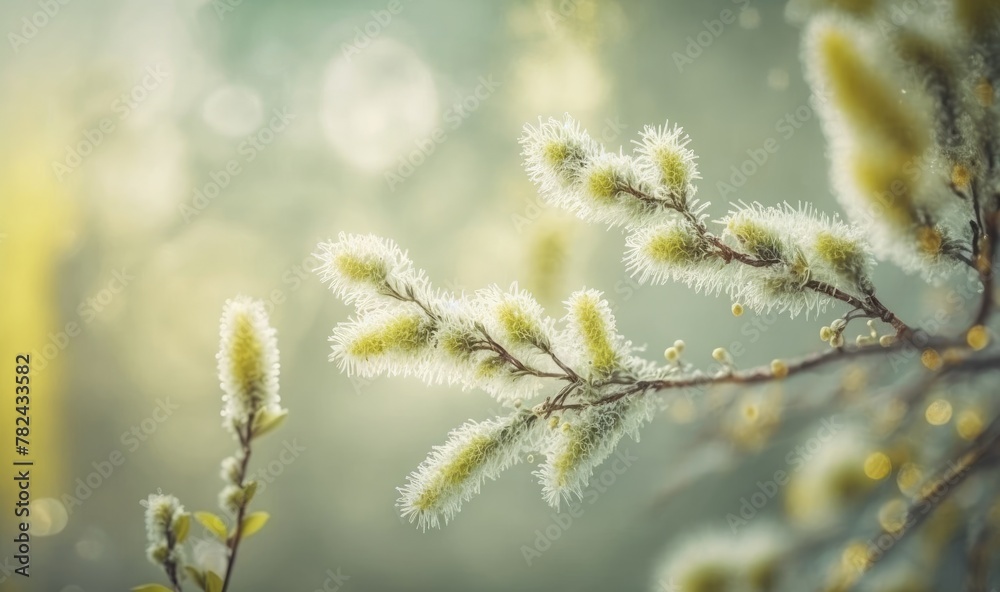 Spring Background with Blossom of Pastel Grey Fluffy Willow Branches and Bokeh Front View with Copy Space Generative AI Spring Background with Blossom of Pastel Grey Fluffy Willow Branches and Bokeh Front View with Copy Space Generative AI