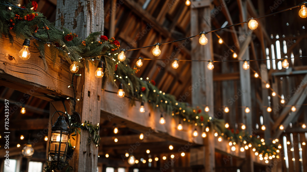 A festive barn wedding venue, with rustic wooden beams adorned with strings of Edison bulbs and garlands of greenery, creating a cozy and romantic atmosphere. 32k, full ultra hd, high resolution