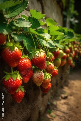 Strawberries hanging on the courtyard wall row by row Generative AI