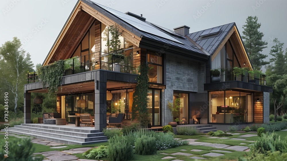 A house with many windows is surrounded by trees in a residential area A house with many windows is surrounded by trees in a residential area