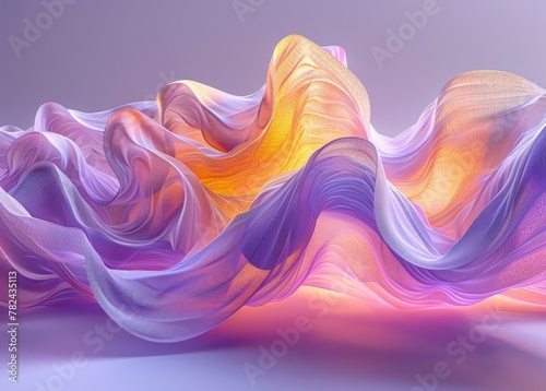 Silk waves undulate with an ethereal grace, infused with a warm glow reminiscent of a sunset, blending purples, oranges, and pinks