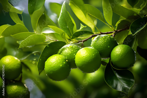 Close up of fresh green lime fruit with water drops growing on tree © Firn