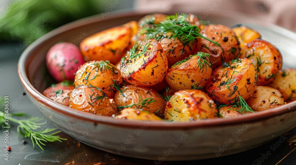 A bowl of potatoes with a blue bowl and a wooden table. The potatoes are seasoned with salt and pepper A bowl of potatoes with a blue bowl and a wooden table. The potatoes are seasoned with salt and pepper