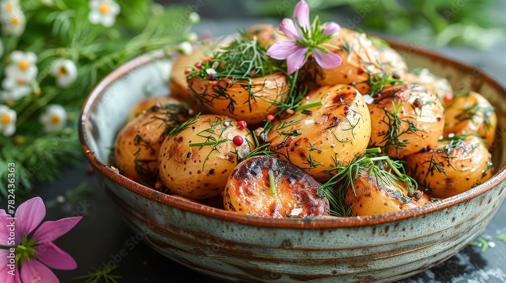A bowl of potatoes with a blue bowl and a wooden table. The potatoes are seasoned with salt and pepper A bowl of potatoes with a blue bowl and a wooden table. The potatoes are seasoned with salt and pepper