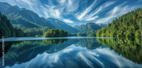a lovely picture of a placid lake with towering mountains, thick forests, and wispy clouds reflected in the calming waters, making it the ideal summer getaway for rest and renewal. photo