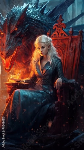 Majestic Fire Queen Enthroned on Icy Throne with Mighty Dragon Guardian Generative AI