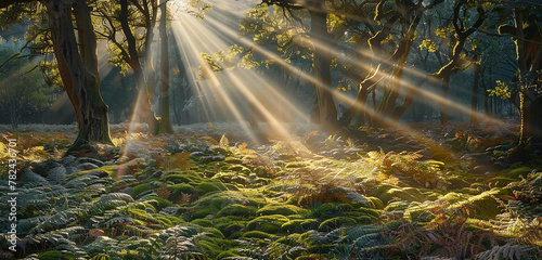 The serene charm of a sun-dappled woodland glade, where golden light shafts penetrate the tree canopy to illuminate a carpet of moss and ferns, beckoning onlookers to immerse themselves in the magic 