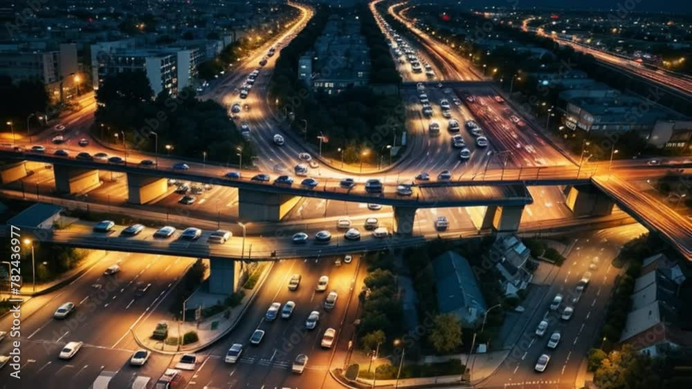 Elevated highways at night with car lights tracing urban movement. Complex interchange showing city infrastructure and traffic flow. Elevated highways at night with car lights tracing urban movement. Complex interchange showing city infrastructure and traffic flow.