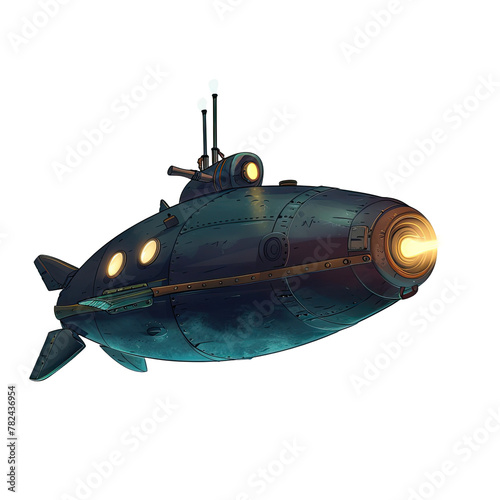 Cartoon sub under glow of flashlight in dark, isolated on transparent background, lost in deep sea. Illustration. © pngking
