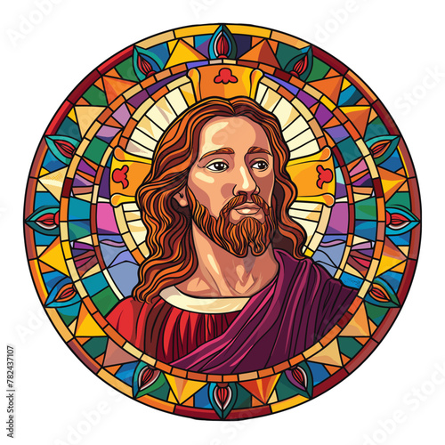 colorful stained glass window of jesus christ, church, vector illustration 