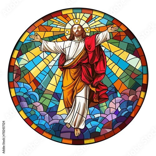 colorful stained glass window of jesus christ, church, vector illustration 