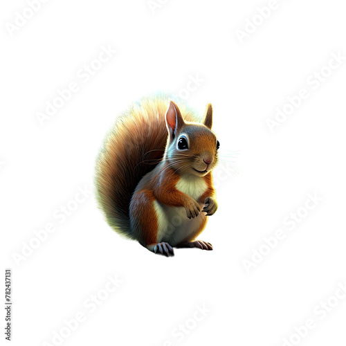 A whimsical cartoon squirrel  amazed  uses a magical ring to display mystical images on the trees in the forest Isolated on transparent