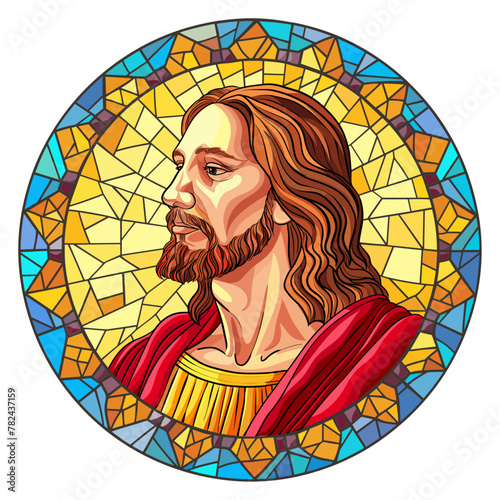 colorful stained glass window of jesus christ, church, vector illustration 