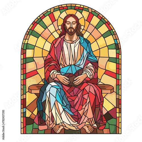 colorful stained glass window of jesus christ, church, vector illustration 