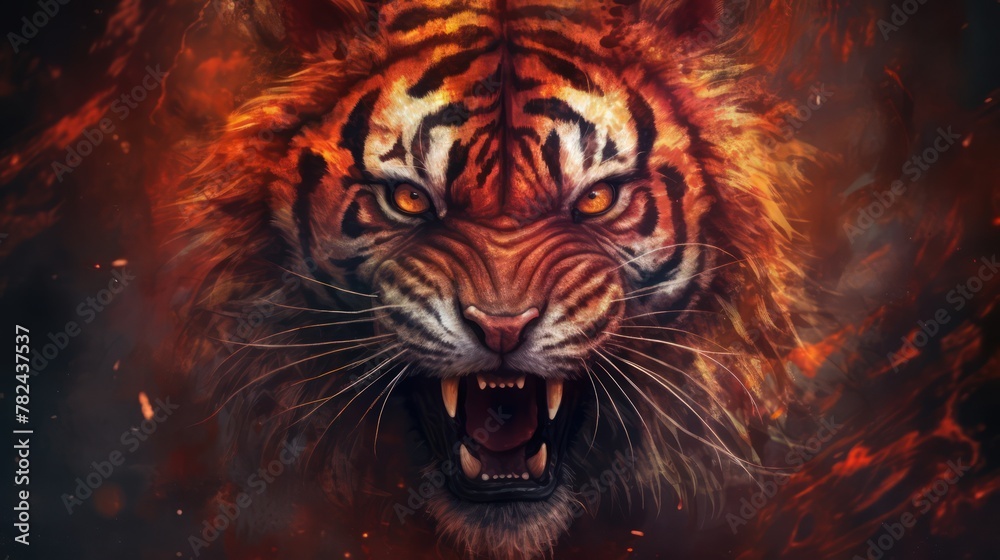 Explosive Tiger Portrait in Vivid Amber and Crimson Generative AI