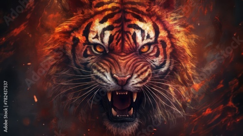 Explosive Tiger Portrait in Vivid Amber and Crimson Generative AI