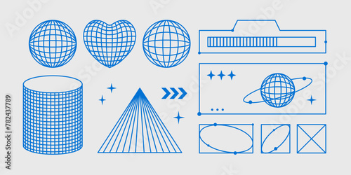 Set of retrofuturism design elements. Vector outline illustration with abstract wireframe shapes and geometric symbols