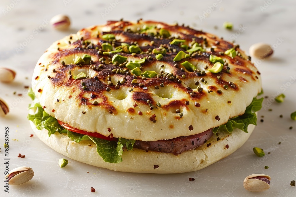 A grilled burger sandwich with melted cheese and a sprinkle of green herbs, toasted to perfection. A grilled burger sandwich with melted cheese and a sprinkle of green herbs, toasted to perfection.