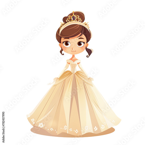 Cartoon princess wearing a beautiful long dress with a tieable design, looking regal and graceful in her attire Isolated on transparent