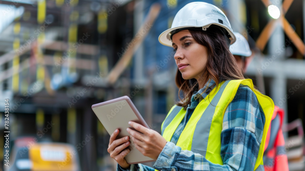 A woman wearing a hard hat and orange vest is looking at a tablet. She is likely a construction worker or engineer. A woman wearing a hard hat and orange vest is looking at a tablet. She is likely a construction worker or engineer.