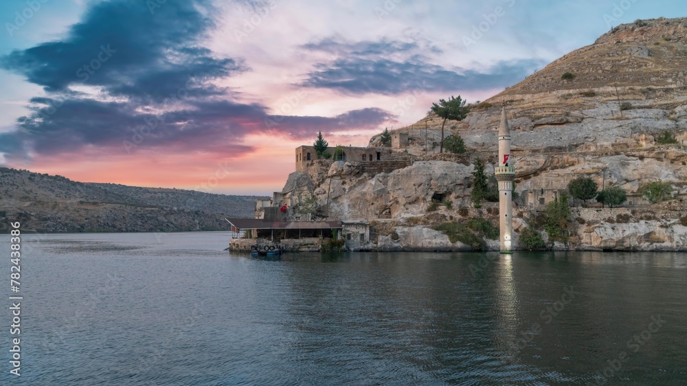 Halfeti village with sunken mosque and minaret in Euphrates river. This place is a popular touristic destination