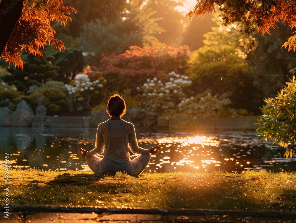 A serene figure meditates in the radiant warmth of a sunrise, amidst a tranquil park setting. A serene figure meditates in the radiant warmth of a sunrise, amidst a tranquil park setting.