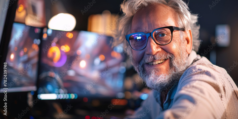 Engaging senior citizen with a content smile at a multi-screen gaming setup. Playful older adult interacting with advanced gaming technology. Engaging senior citizen with a content smile at a multi-screen gaming setup. Playful older adult interacting with advanced gaming technology.