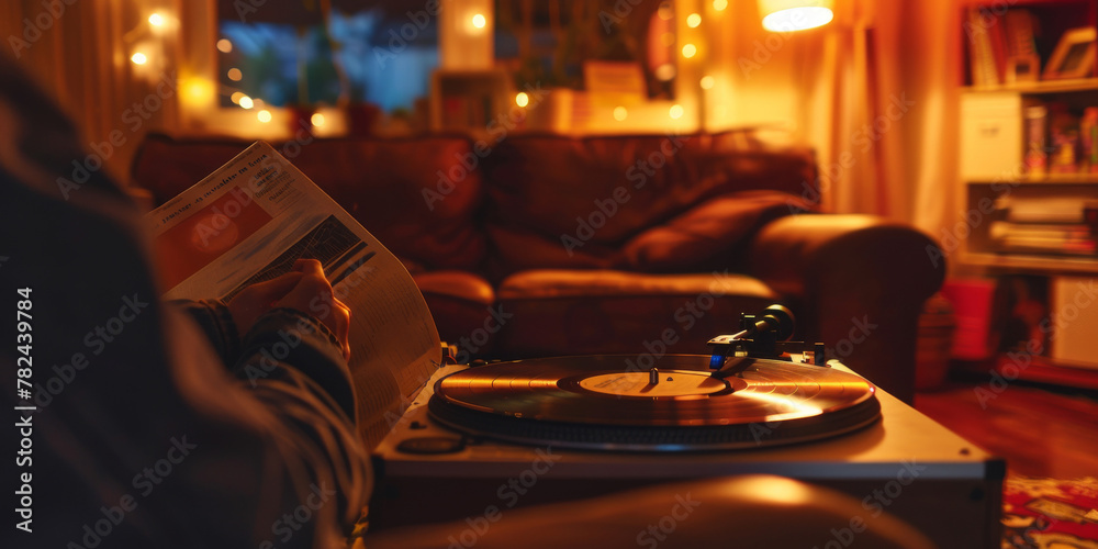 Relaxed individual reading a newspaper with a vintage record player in the foreground. Cozy home ambiance concept.