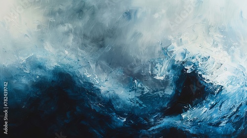 Abstract oceanic waves texture. Acrylic blue and white brush strokes on canvas. Dynamic movement and fluidity concept. Modern art painting. photo