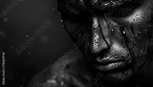 Monochrome photography of a mans face with water drops, in darkness. black background