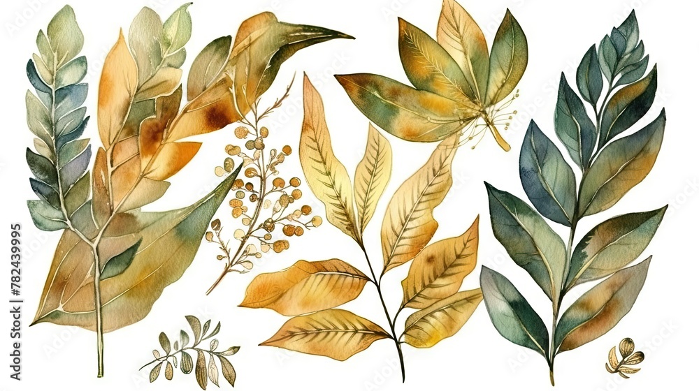 Botanical Watercolor Tropic Composition with Golden Leaves Generative AI - obrazy, fototapety, plakaty 