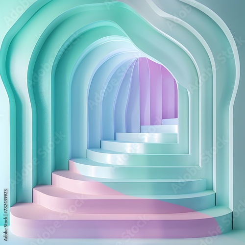 Abstract architecture background with pastel blue   green and pink corridor and stairs.