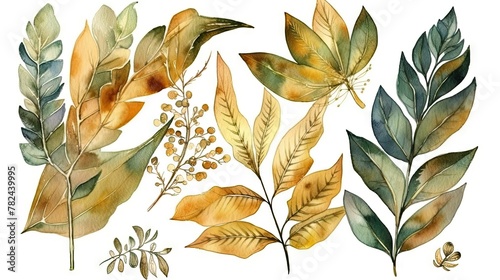 Botanical Watercolor Tropic Composition with Golden Leaves Generative AI