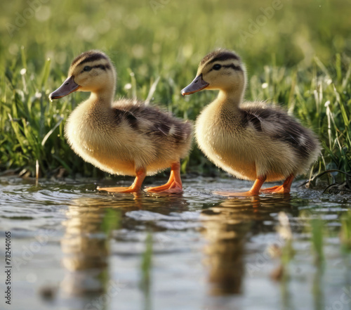 Two beautiful ducklings are walking on a body of water