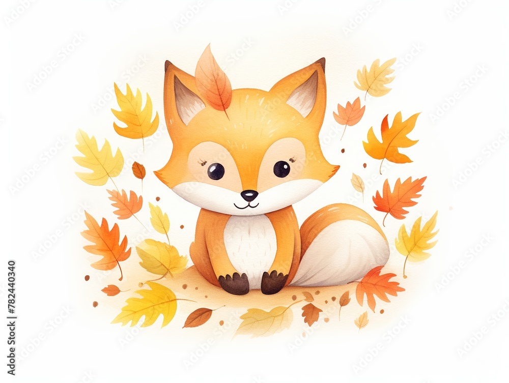 Fox, A sly fox amid autumn leaves, warm hues, cartoon drawing, water color style. Fox, A sly fox amid autumn leaves, warm hues, cartoon drawing, water color style.