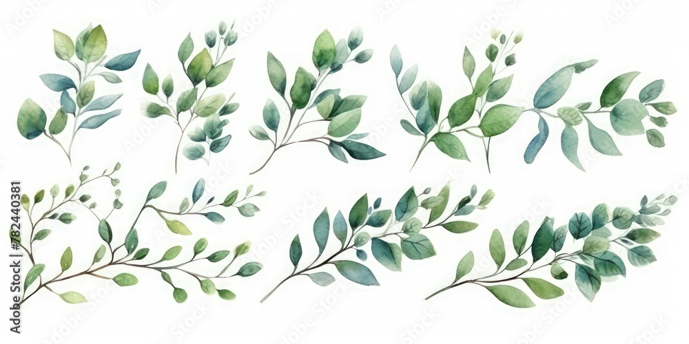 Watercolor Floral Illustration Set - Green Leaf Branches for Wedding Stationery Greetings Generative AI