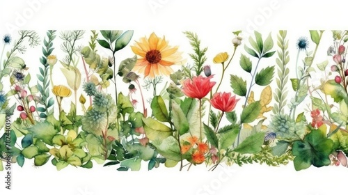 Watercolor Floral Seamless Border with Green Leaves and Field Flowers Generative AI photo