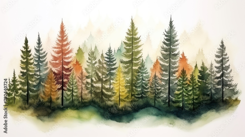 Vibrant Watercolor Autumn Mountain Forest Woodland Landscape Generative AI