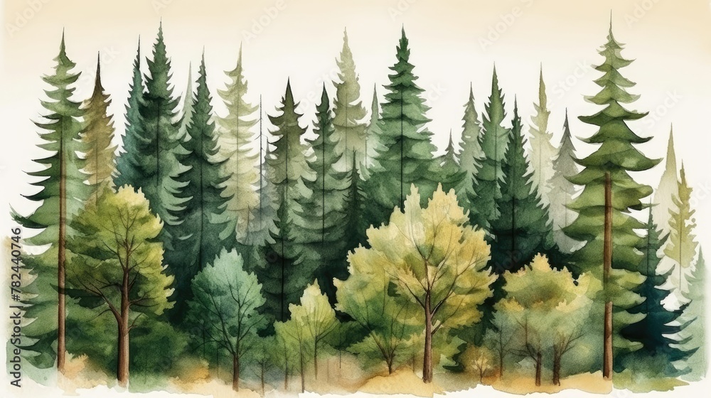 Watercolor Forest Landscape with Mountain and Pine Trees Generative AI