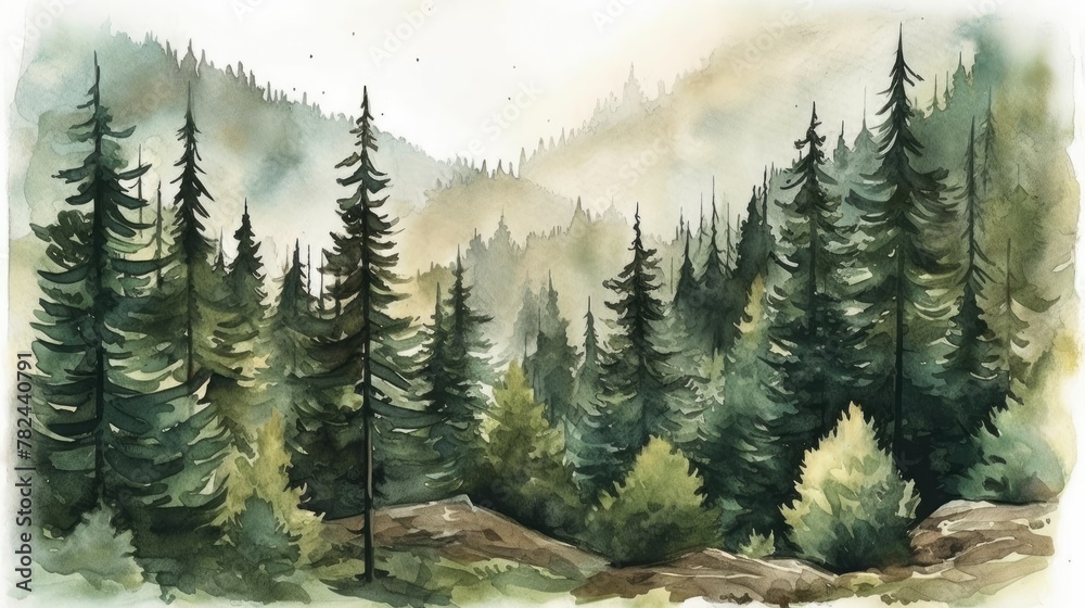 Serene Watercolor Forest Landscape with Majestic Mountains and Pine Trees - Generative AI