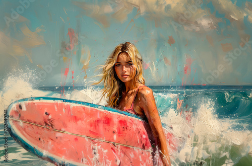 Paint art of woman with sup paddle board. AI generative