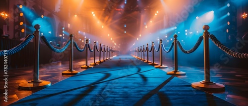 Blue Carpet Grandeur: Spotlight Serenity & Velvet Ropes. Concept Luxury Event Decor, Elegant Arrangements, Festive Lighting photo
