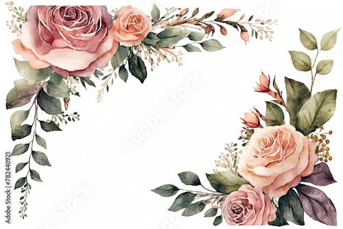 Blush Pink Rose Border Watercolor Illustration Generative AI photo